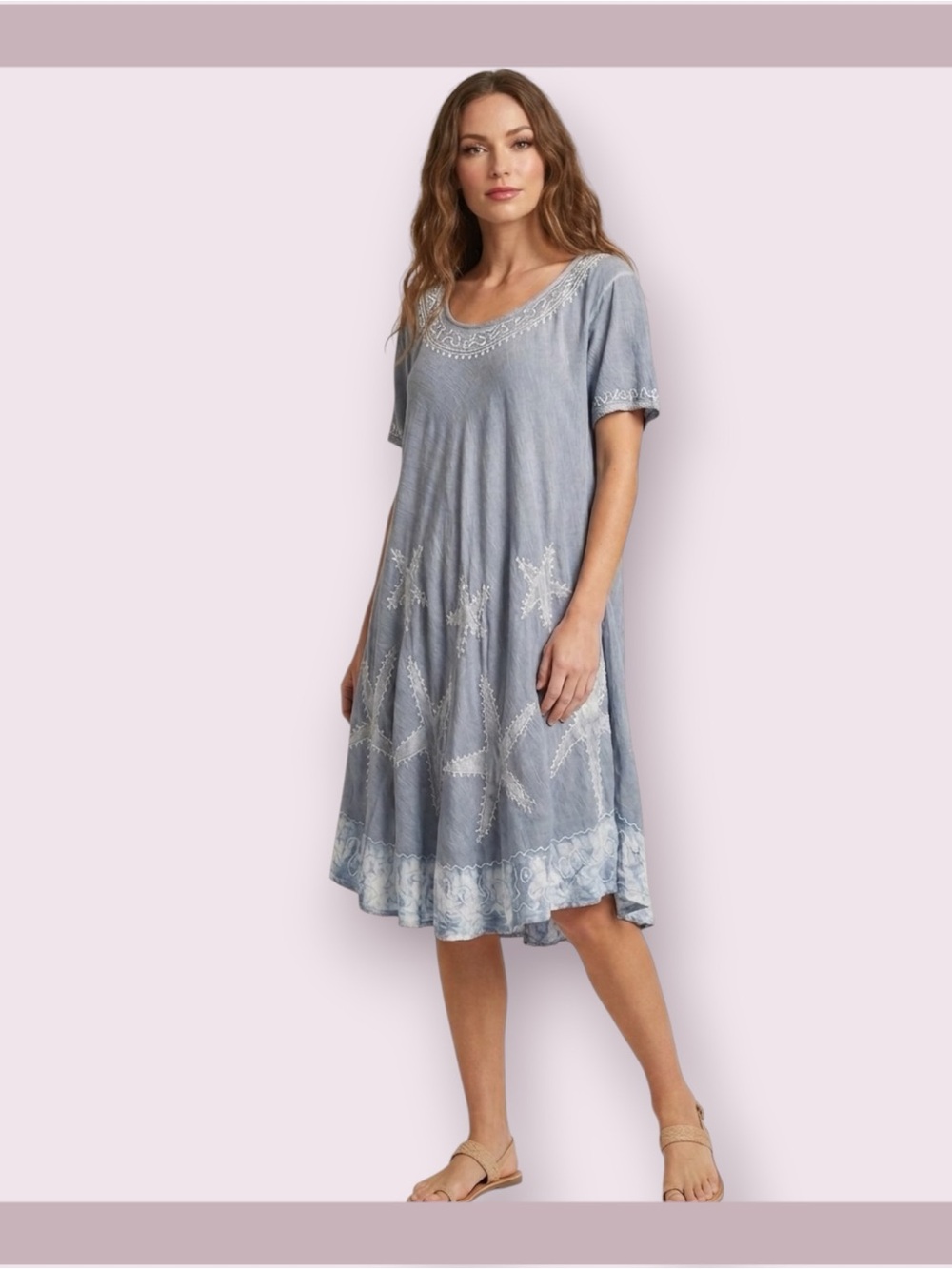 India Boutique Light Blue Boho Embroidered Handkerchief Hem Shift Dress
